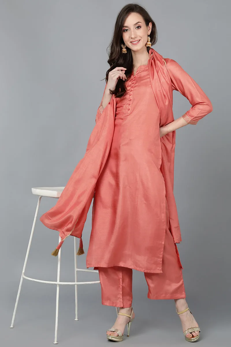 Orange Poly Silk Straight Kurta Pant With Dupatta