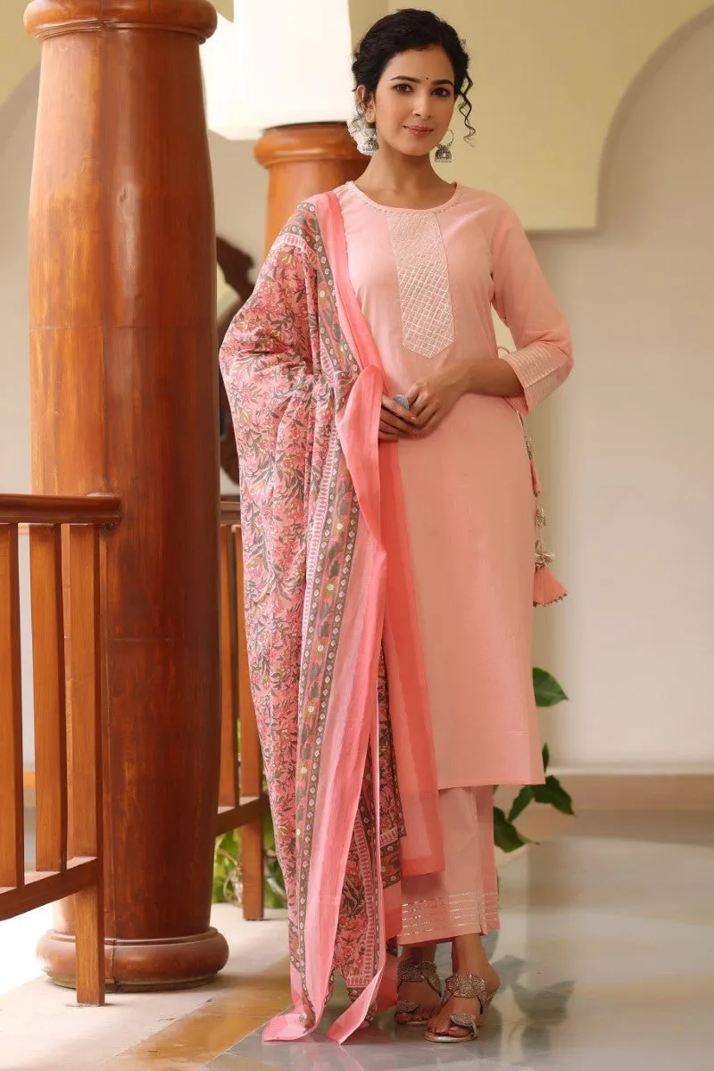 Pink cotton Yoke Design Gotta Patti Suit Set