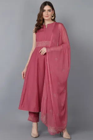 Pink Poly Silk Anarkali Kurta Pant With Dupatta