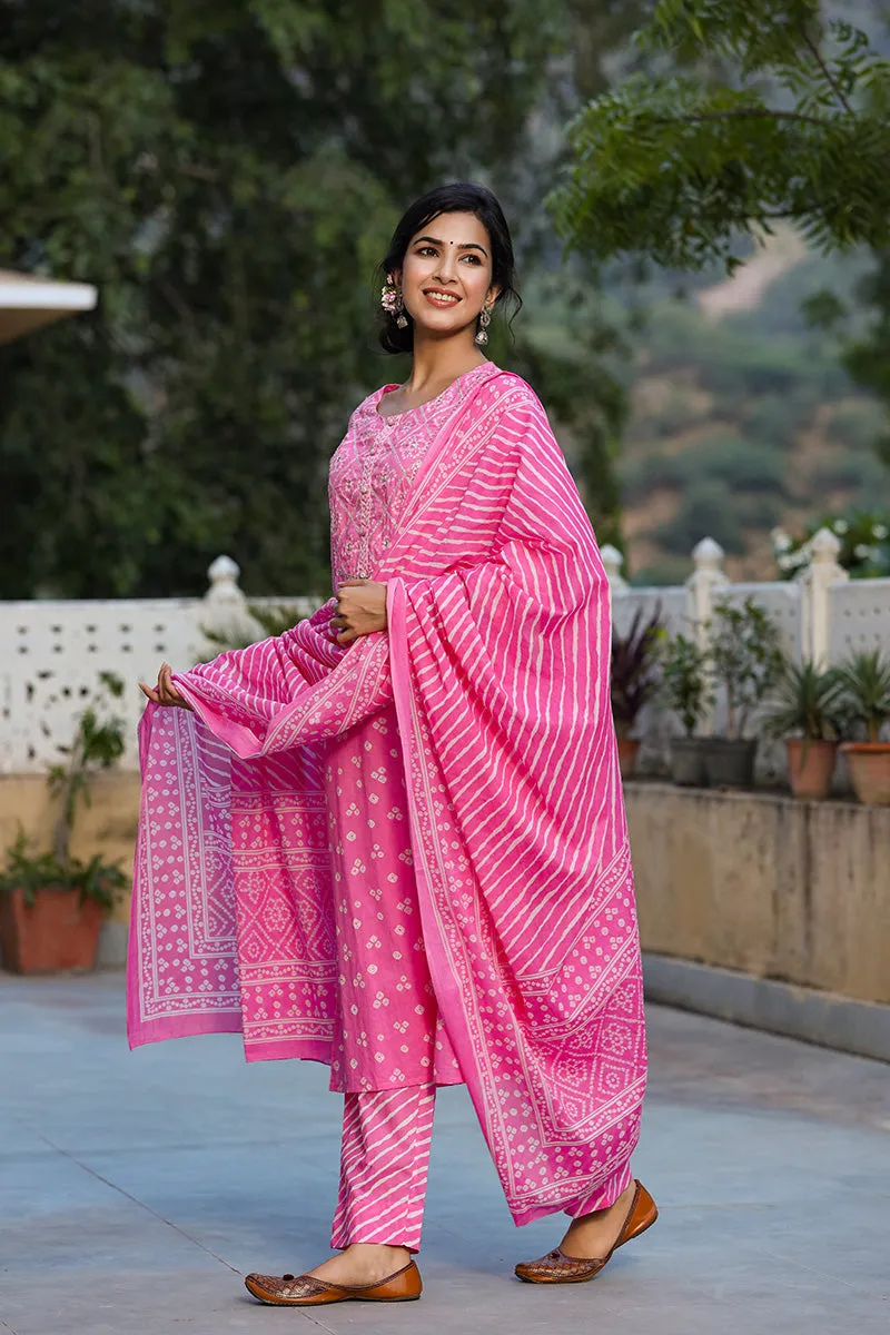 Pink Pure Cotton Bandhani Print Suit Set