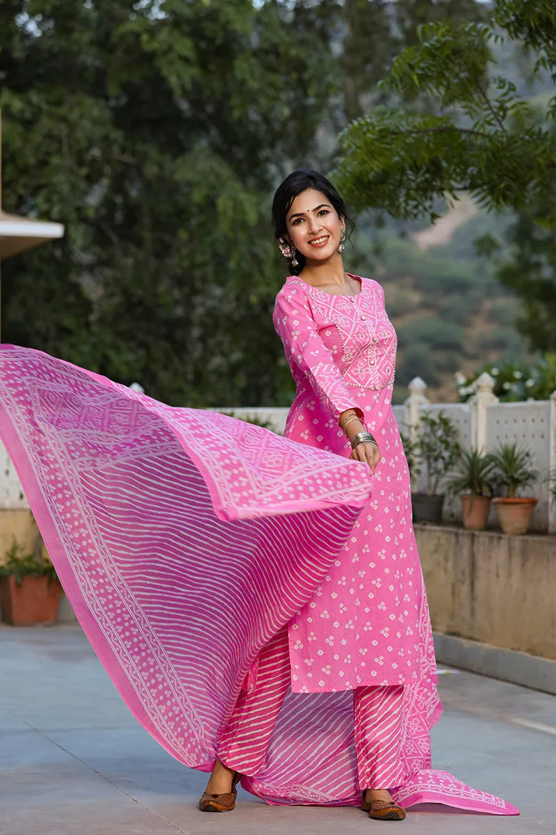 Pink Pure Cotton Bandhani Print Suit Set