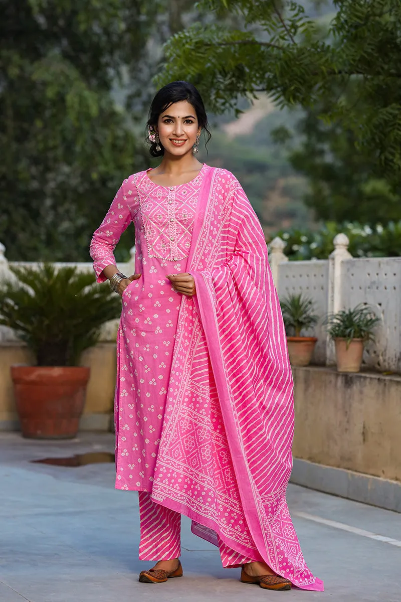 Pink Pure Cotton Bandhani Print Suit Set