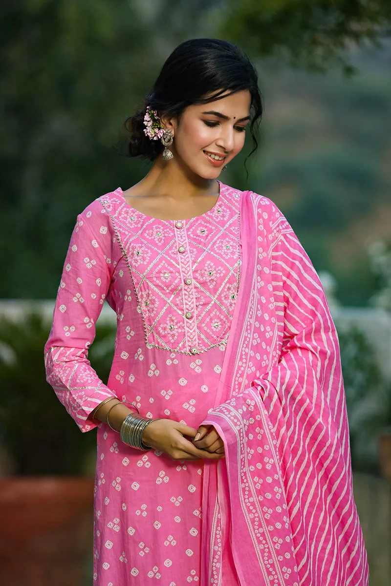 Pink Pure Cotton Bandhani Print Suit Set