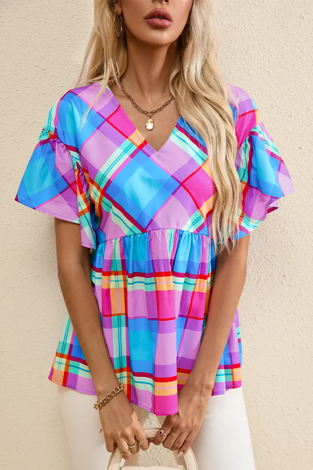 Plaid V Neck Ruffled Short Sleeve Babydoll Top