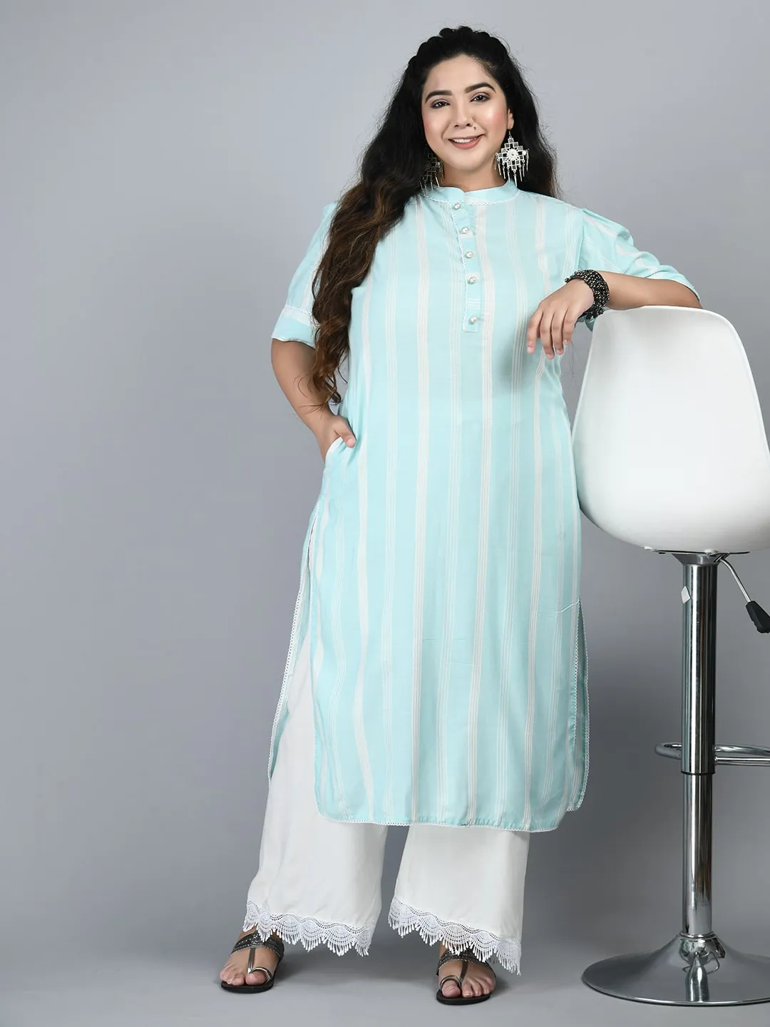 Plus Size Plus Size Striped Sea Green Kurta