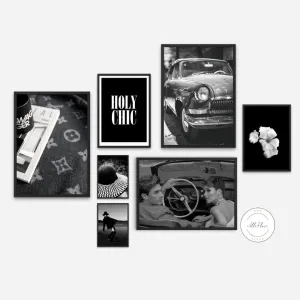 Retro Black & White Fashion Gallery Wall Set Of 7 INSTANT DOWNLOAD Art Prints, Classic Car Poster, Designer Wall Art, Old Hollywood, Glam Vintage Wall Art