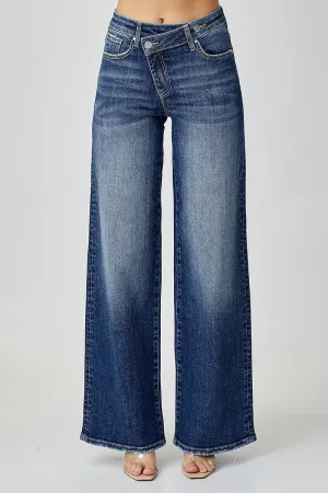 Risen Mid Rise Cross Over Wide Leg Jeans