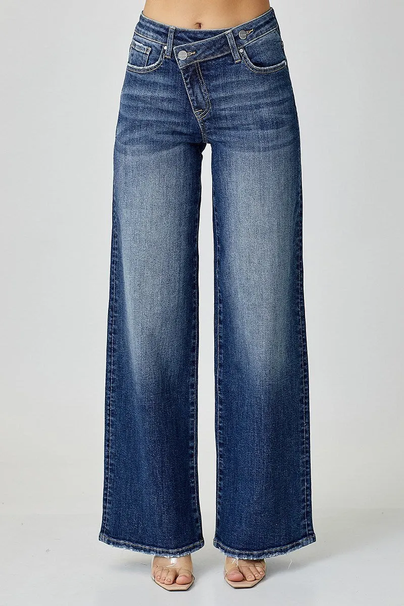 Risen Mid Rise Cross Over Wide Leg Jeans