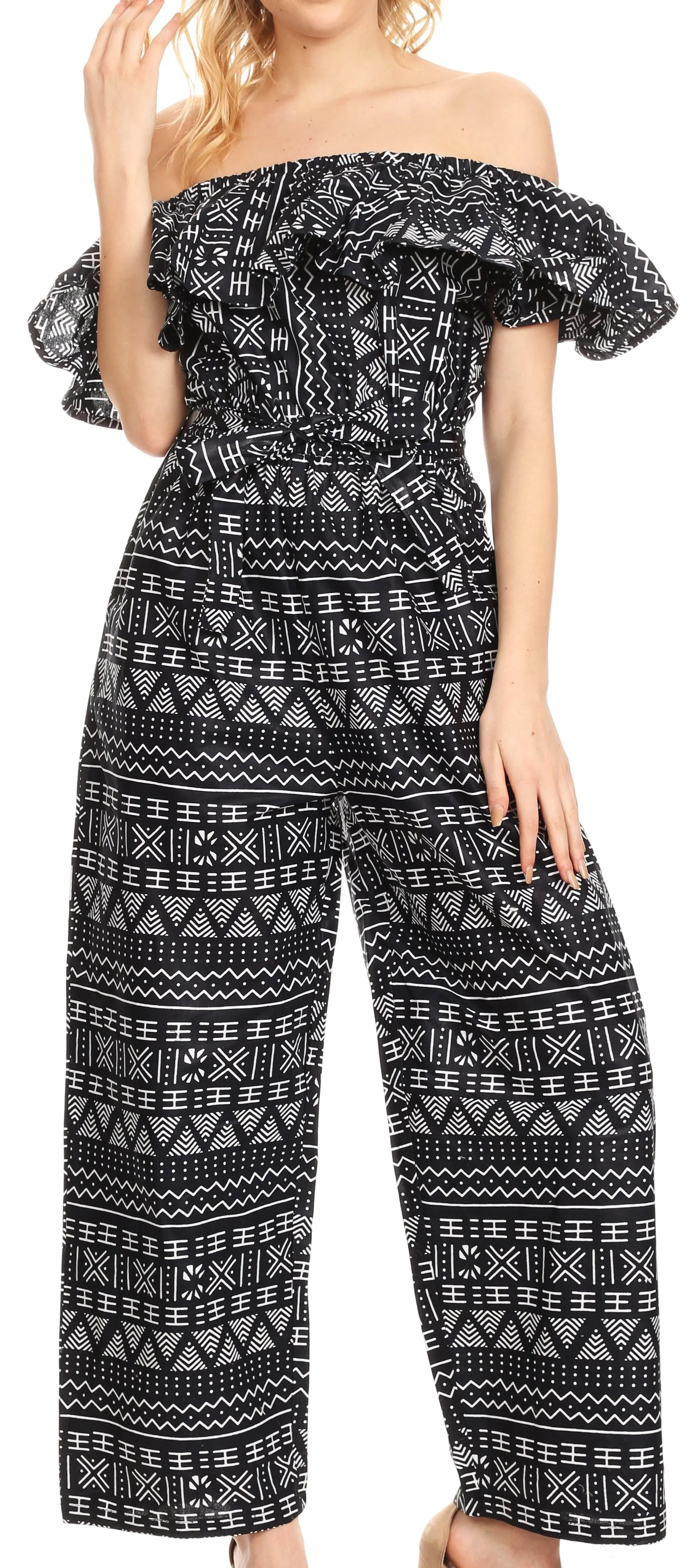 Sakkas Lelisa Ruffle Off-shoulder Long Jumpsuit w/pockets Wax African Ankara Dutch