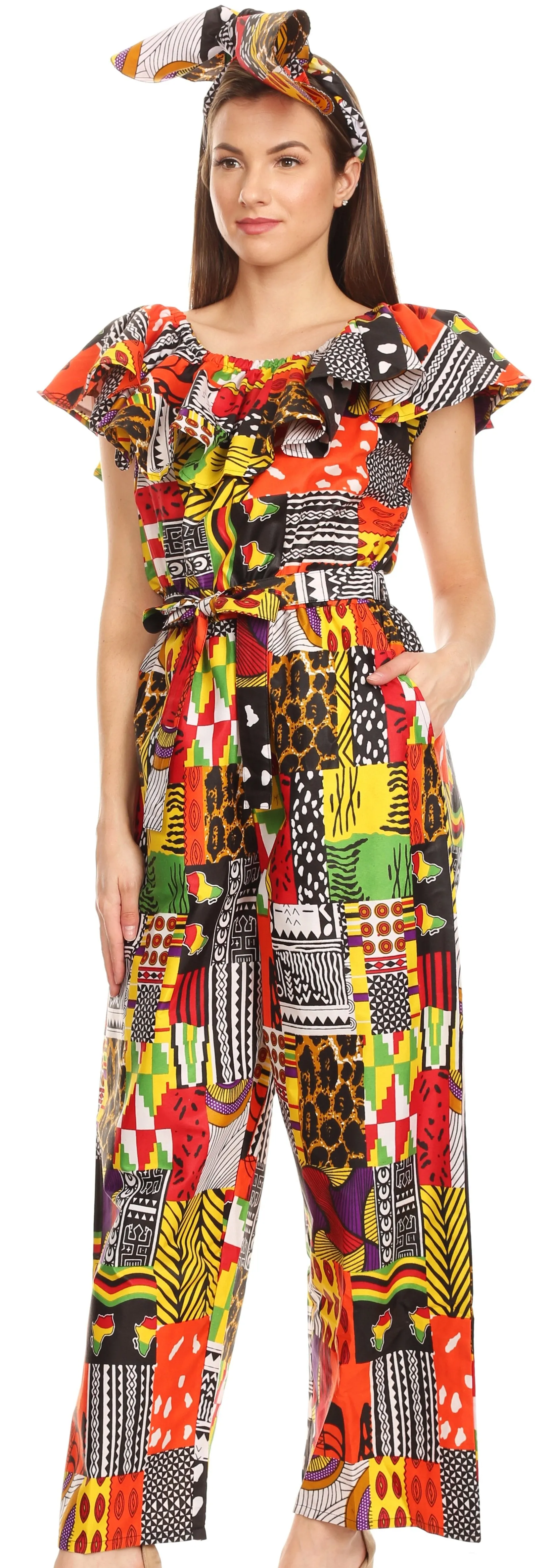 Sakkas Lelisa Ruffle Off-shoulder Long Jumpsuit w/pockets Wax African Ankara Dutch