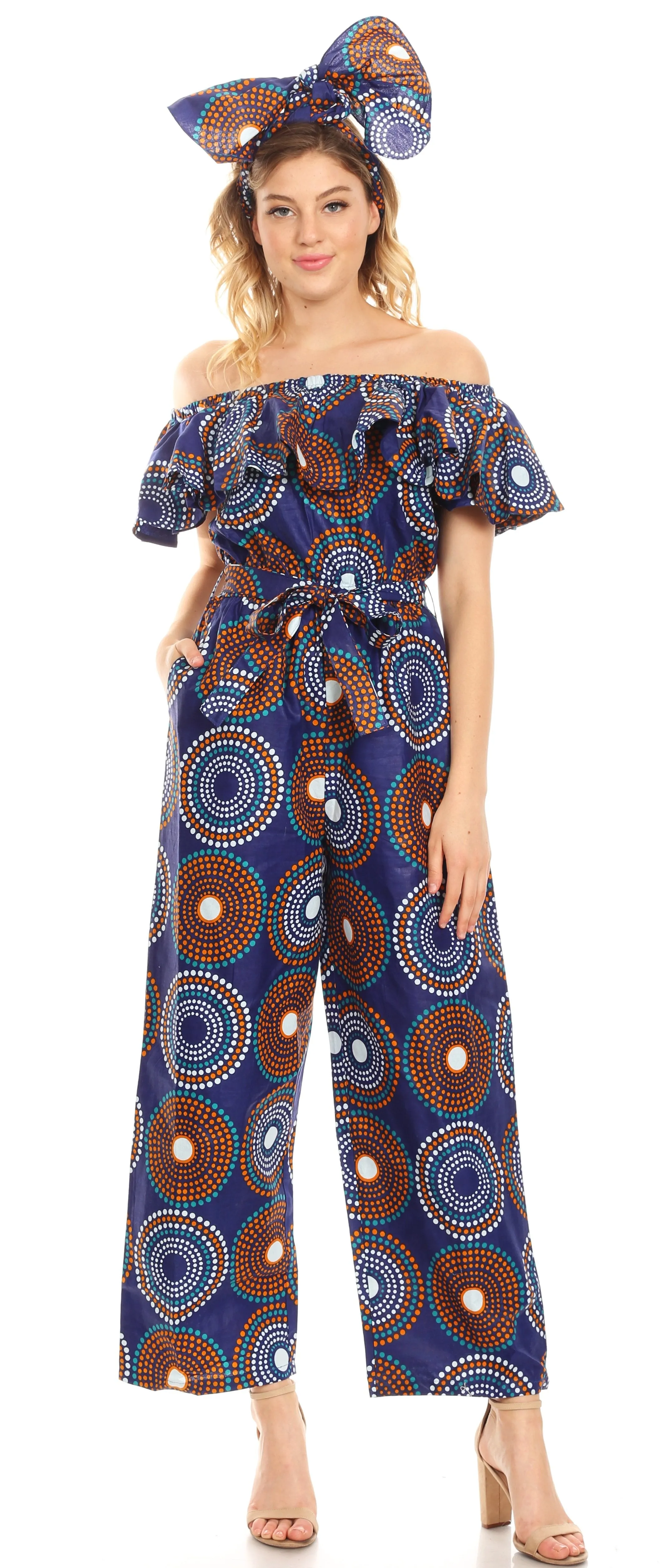 Sakkas Lelisa Ruffle Off-shoulder Long Jumpsuit w/pockets Wax African Ankara Dutch