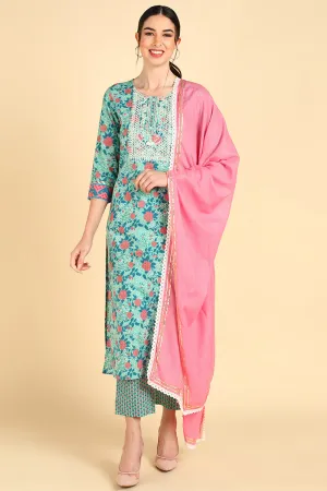 Sea Green Pure Cotton Straight Kurta Pant With Dupatta Set