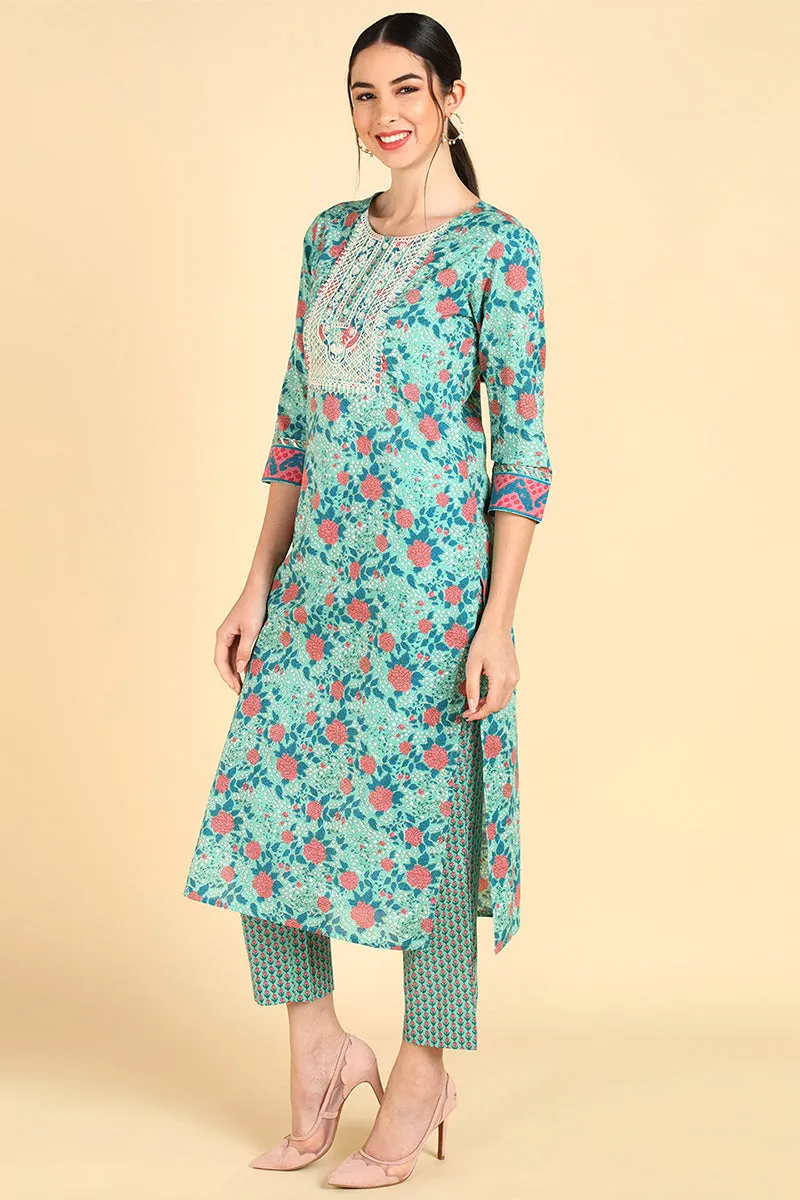 Sea Green Pure Cotton Straight Kurta Pant With Dupatta Set