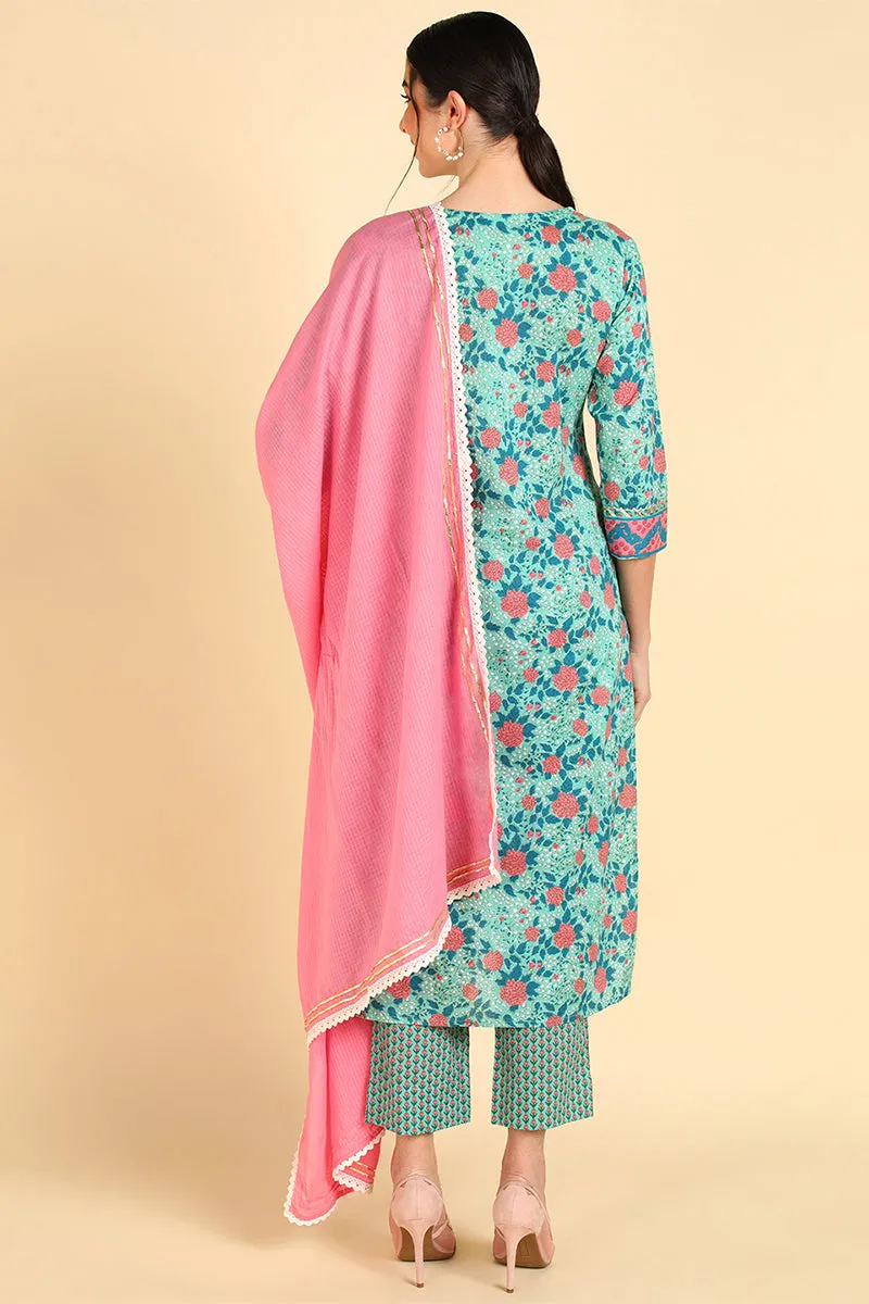 Sea Green Pure Cotton Straight Kurta Pant With Dupatta Set