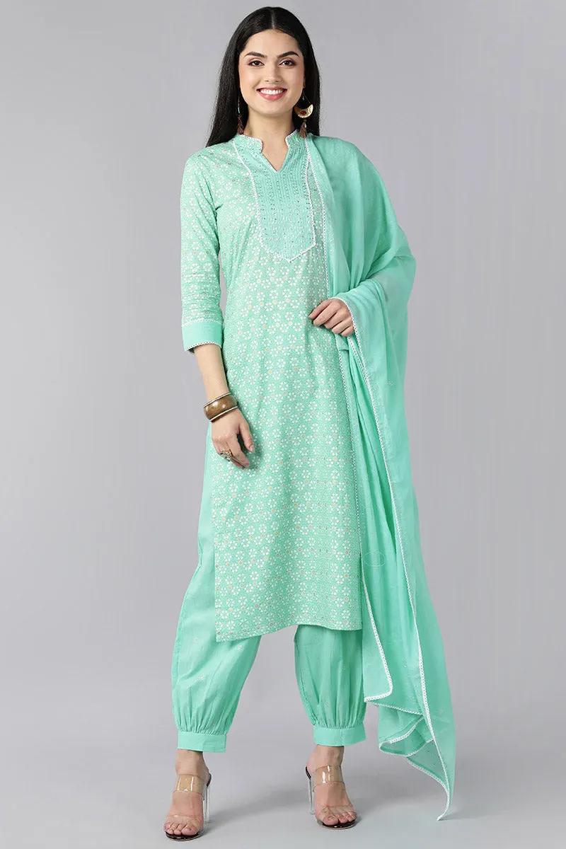 Sea Green Pure Cotton Straight Kurta Pant With Dupatta