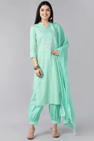 Sea Green Pure Cotton Straight Kurta Pant With Dupatta