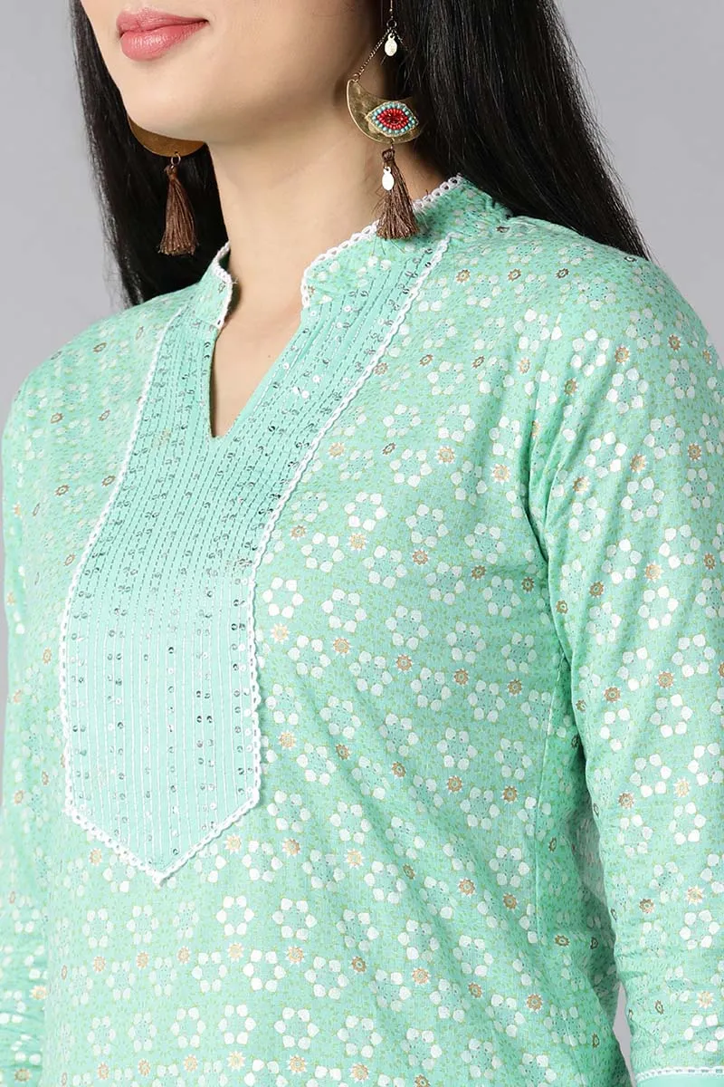 Sea Green Pure Cotton Straight Kurta Pant With Dupatta