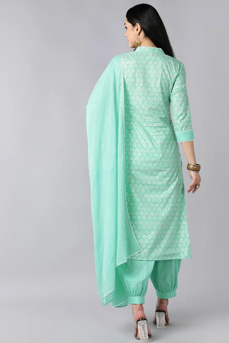 Sea Green Pure Cotton Straight Kurta Pant With Dupatta