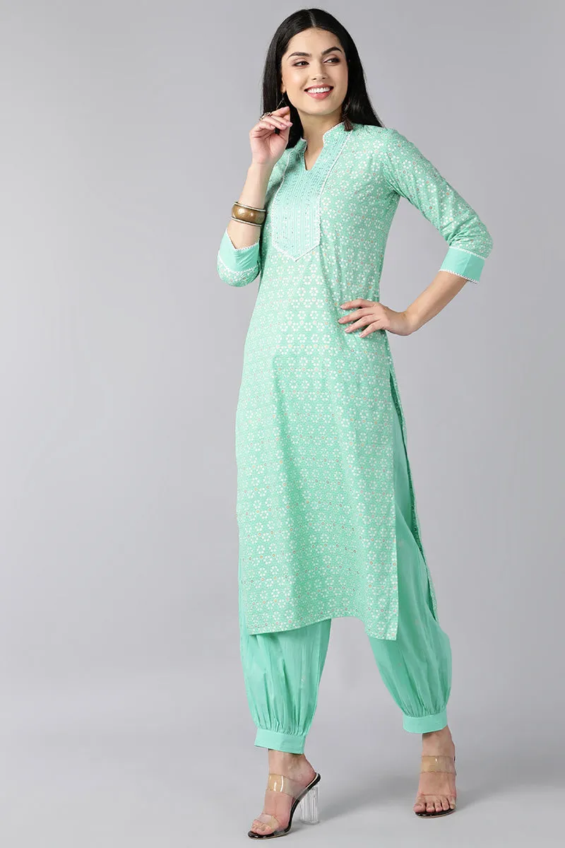 Sea Green Pure Cotton Straight Kurta Pant With Dupatta