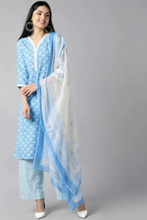 Sky Blue Polyester Straight Kurta Palazzo With Dupatta