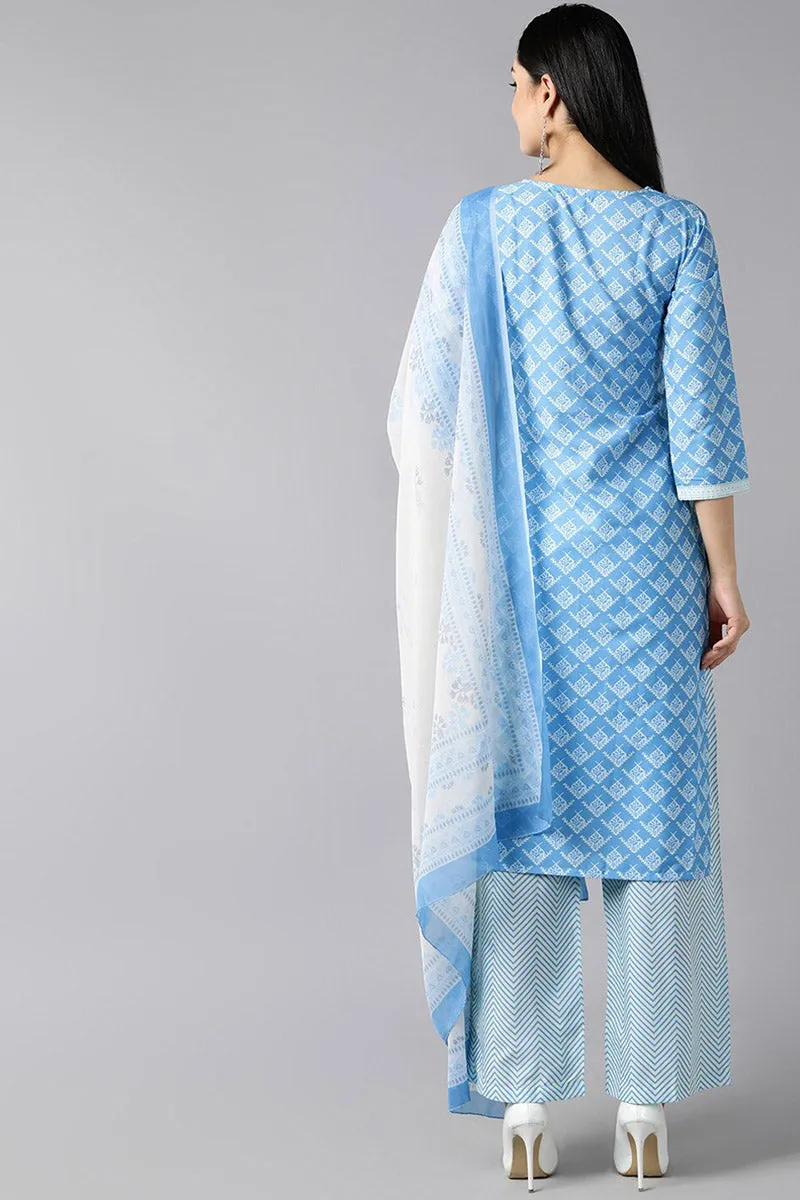 Sky Blue Polyester Straight Kurta Palazzo With Dupatta