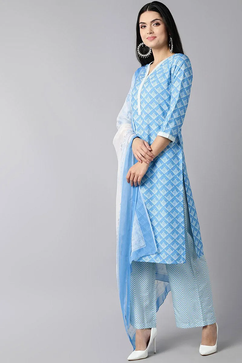 Sky Blue Polyester Straight Kurta Palazzo With Dupatta