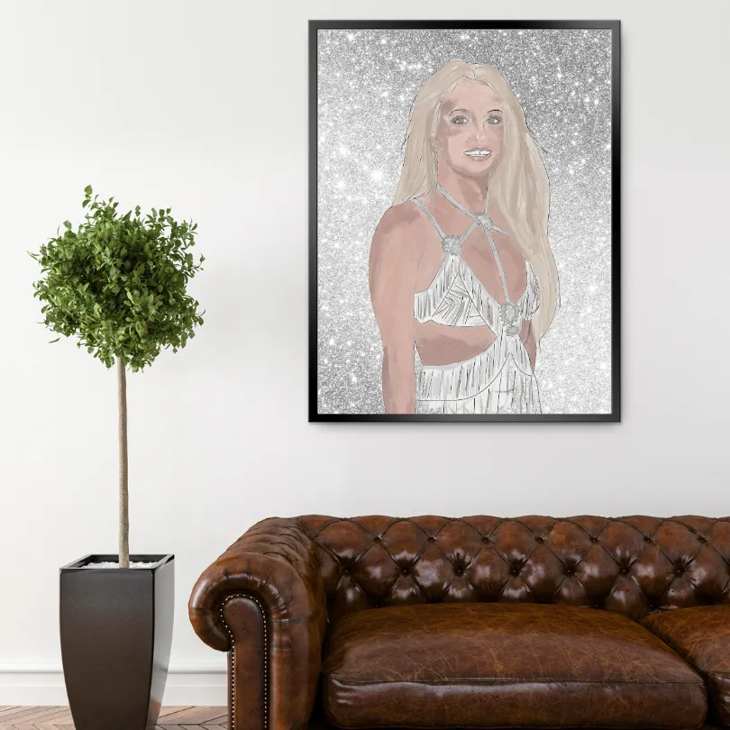 Sparkly Britney Spears Poster PRINTABLE ART, Music Fan Art, Glam Wall Art, Pastel Wall Art, Silver Wall Art, Pop Art Wall, Drawing Famous Artists