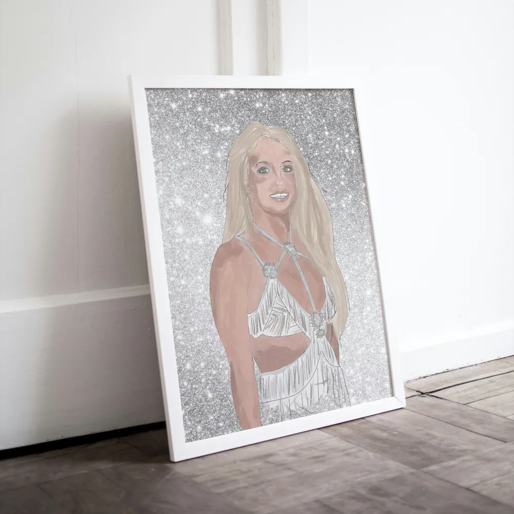 Sparkly Britney Spears Poster PRINTABLE ART, Music Fan Art, Glam Wall Art, Pastel Wall Art, Silver Wall Art, Pop Art Wall, Drawing Famous Artists