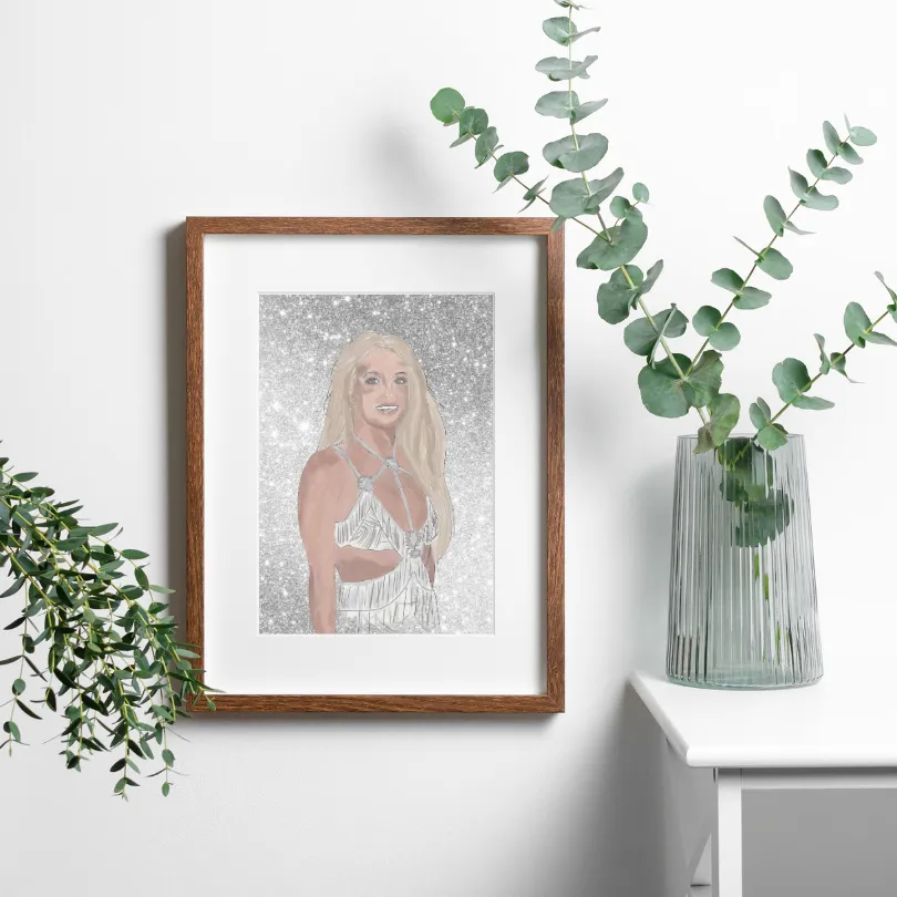 Sparkly Britney Spears Poster PRINTABLE ART, Music Fan Art, Glam Wall Art, Pastel Wall Art, Silver Wall Art, Pop Art Wall, Drawing Famous Artists