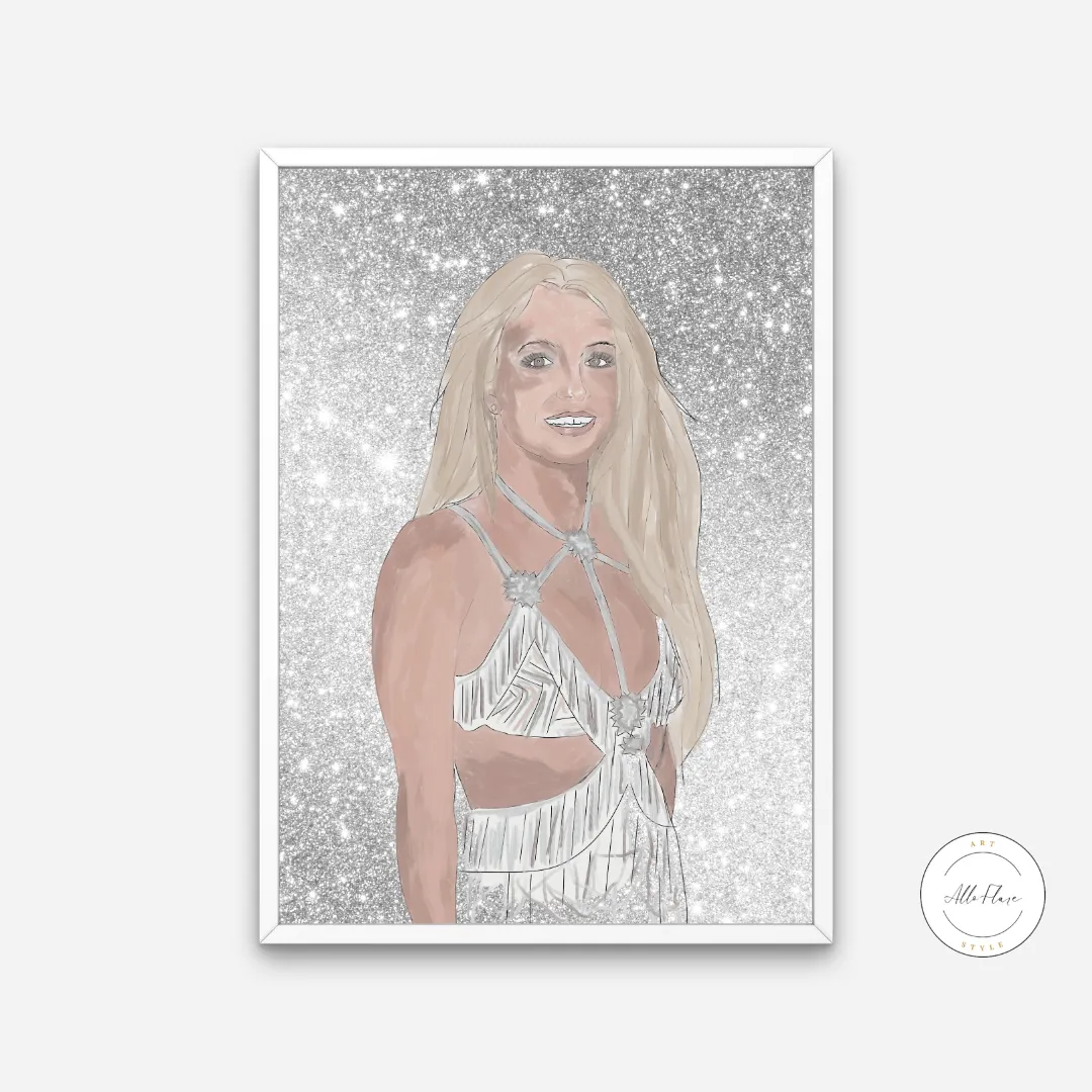 Sparkly Britney Spears Poster PRINTABLE ART, Music Fan Art, Glam Wall Art, Pastel Wall Art, Silver Wall Art, Pop Art Wall, Drawing Famous Artists