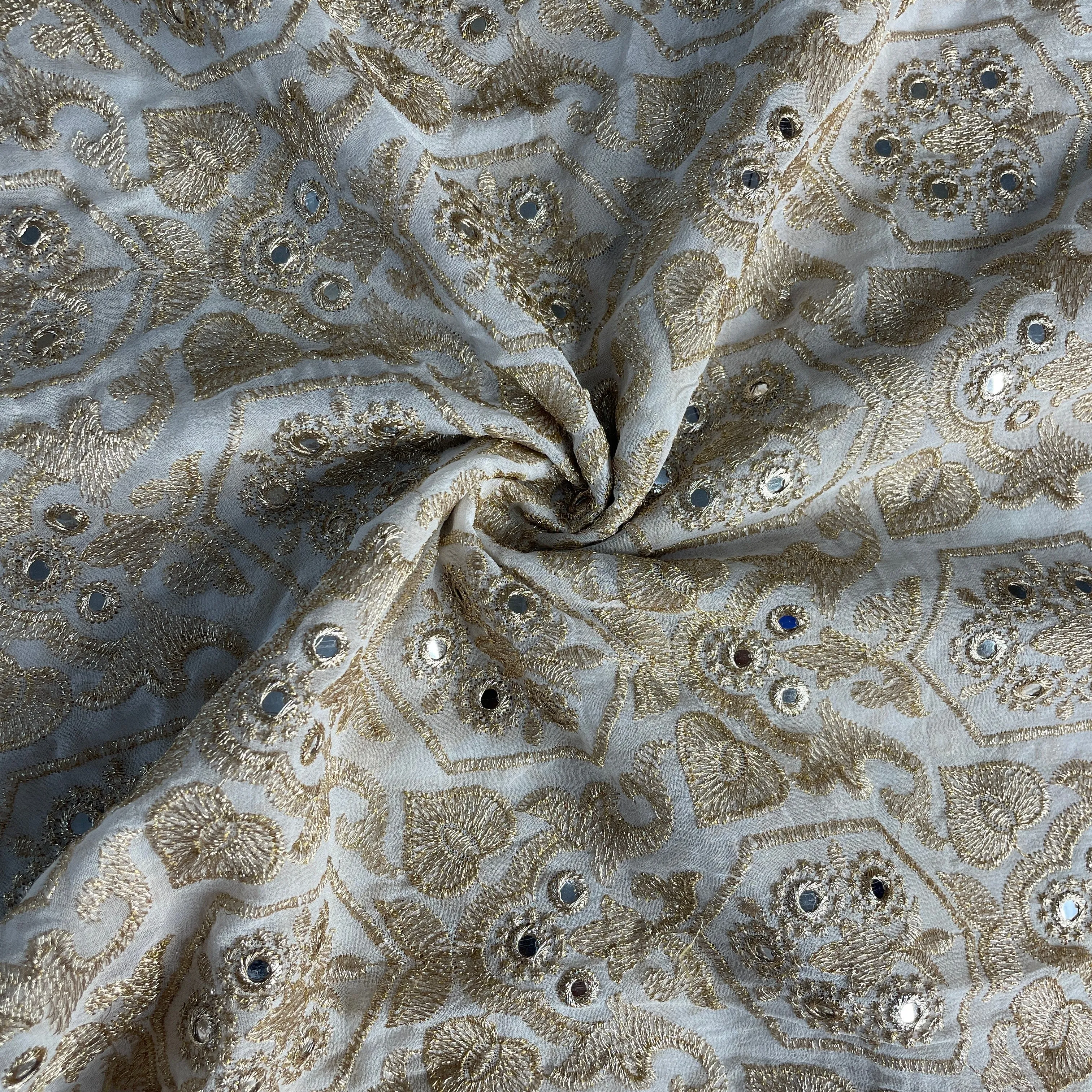 White Mirror & Zari Embroidery Dyeable Georgette Fabric 19698