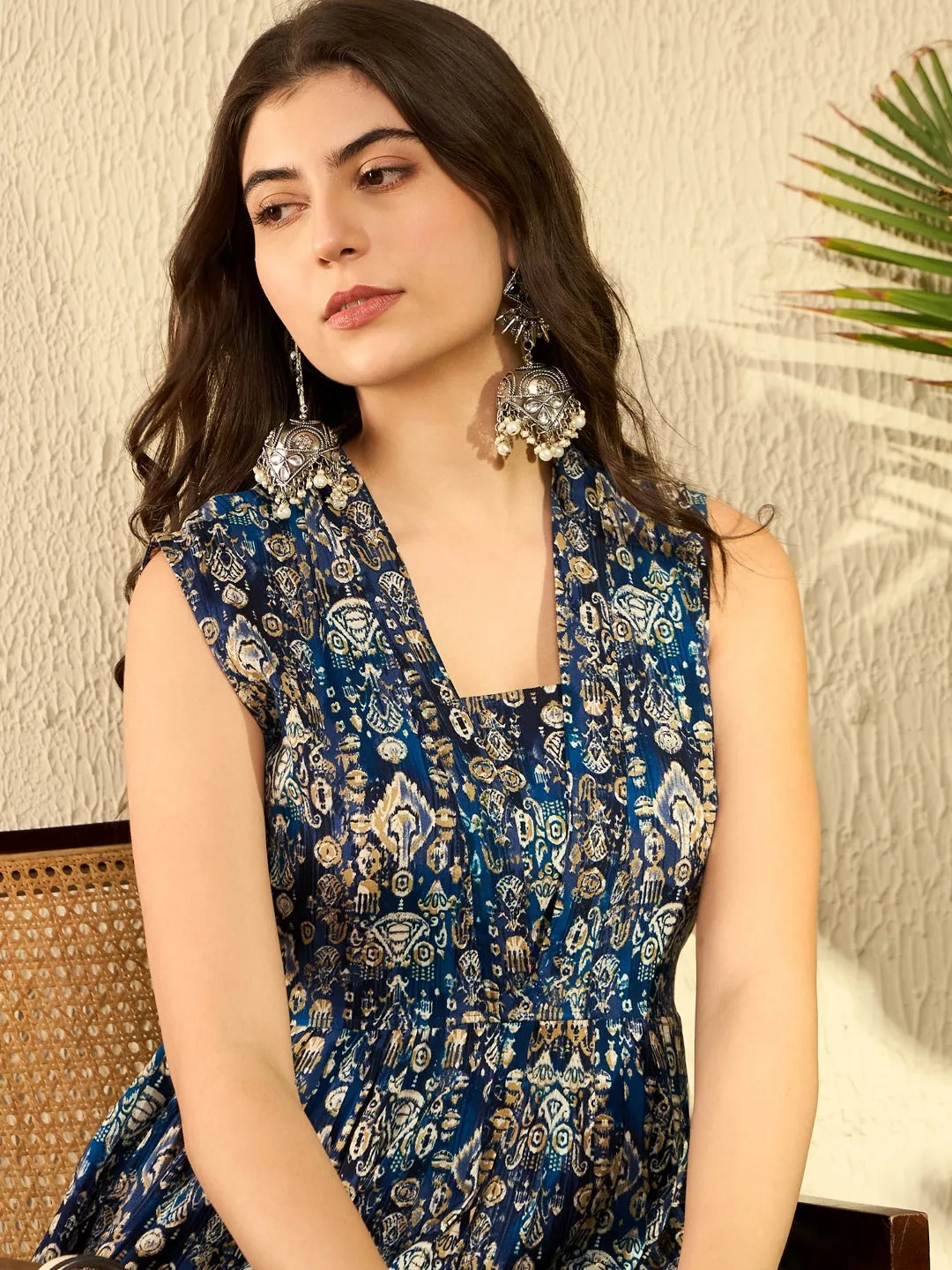 Women Blue Rayon Blend Ikat Printed Co-Ord Sets