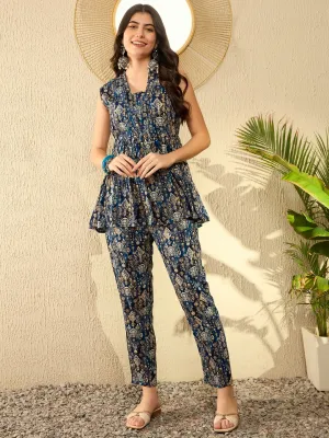 Women Blue Rayon Blend Ikat Printed Co-Ord Sets