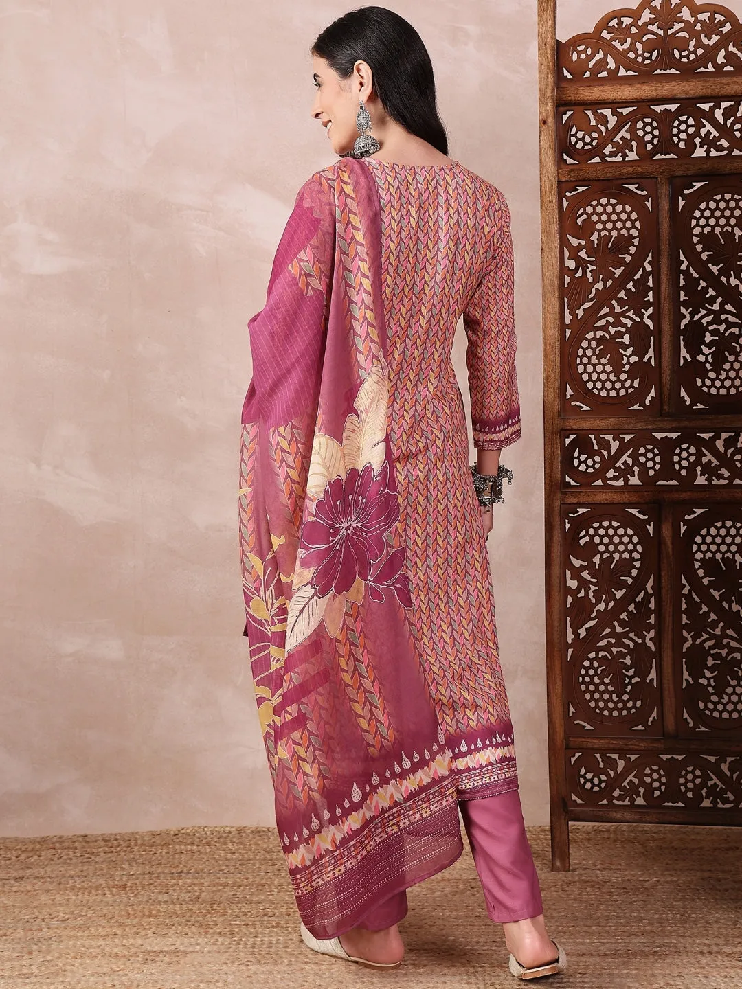 Women Multi Silk Blend Floral Printed Straight Kurta Trouser With Dupatta