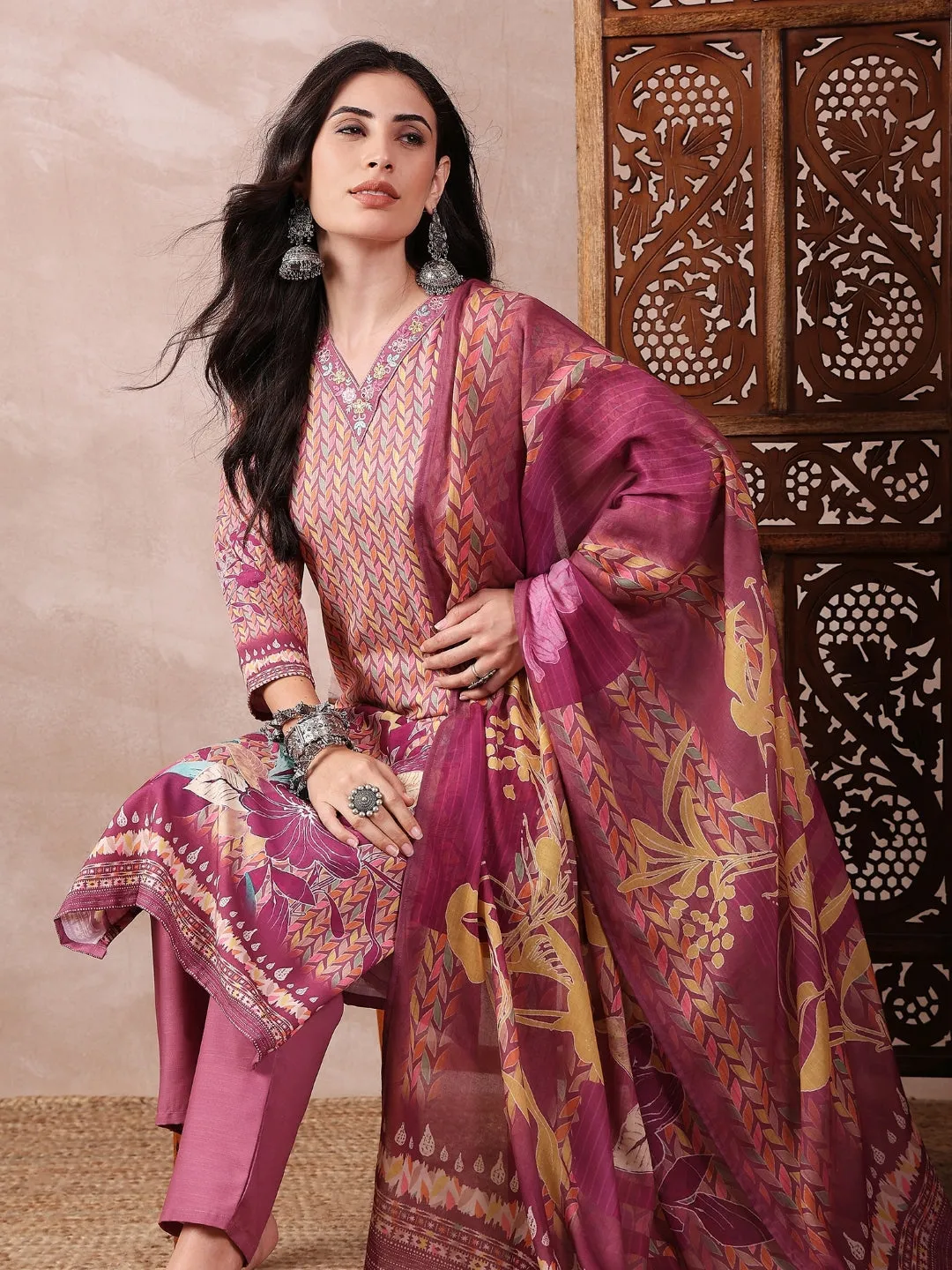 Women Multi Silk Blend Floral Printed Straight Kurta Trouser With Dupatta