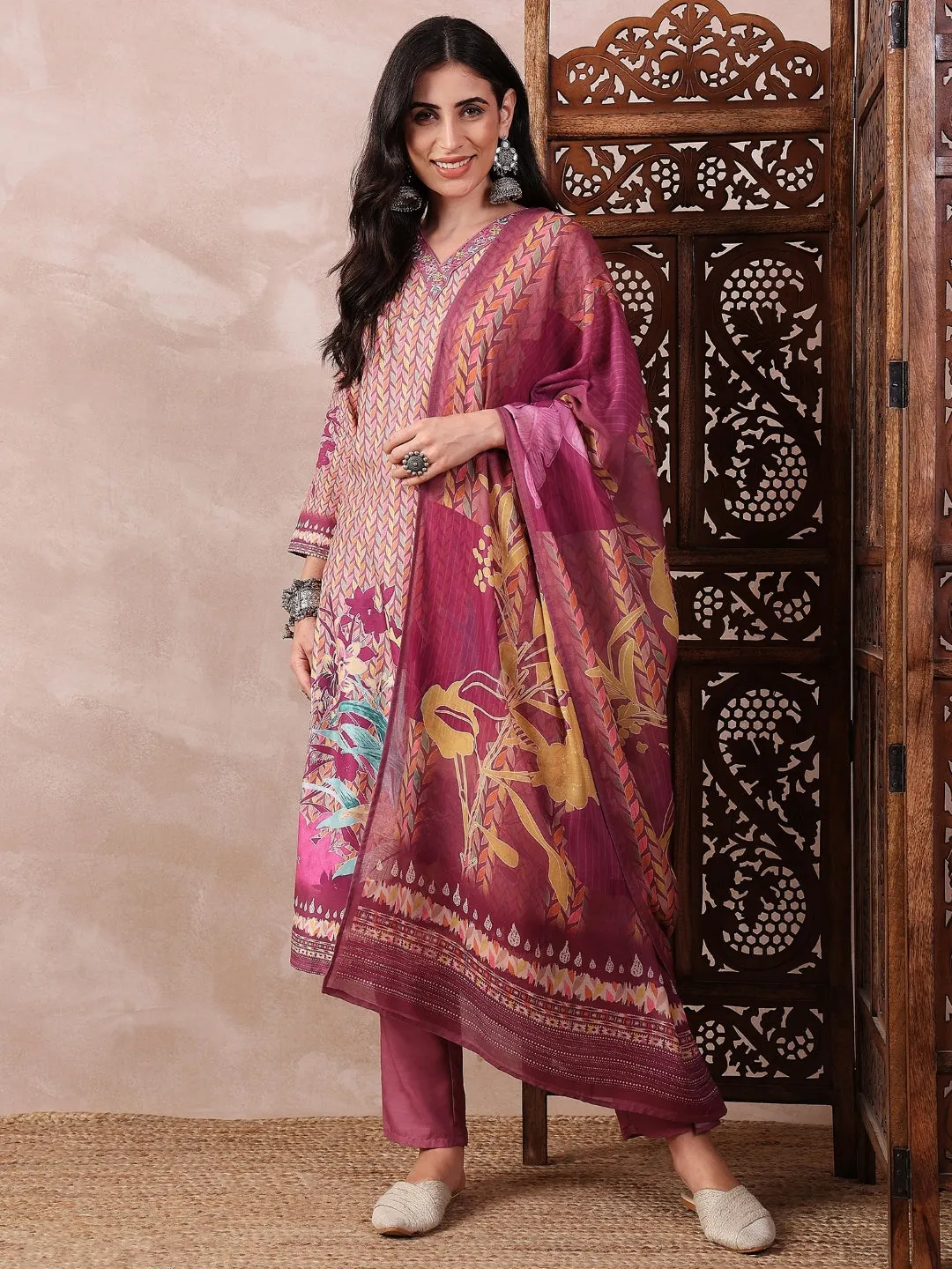 Women Multi Silk Blend Floral Printed Straight Kurta Trouser With Dupatta