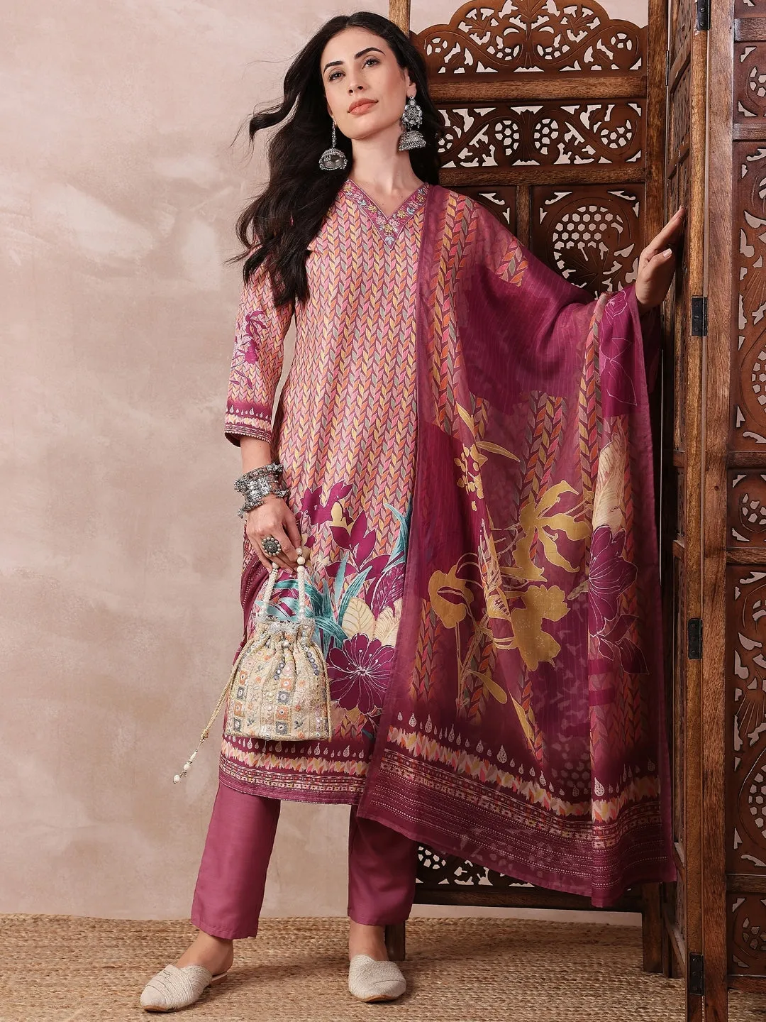 Women Multi Silk Blend Floral Printed Straight Kurta Trouser With Dupatta