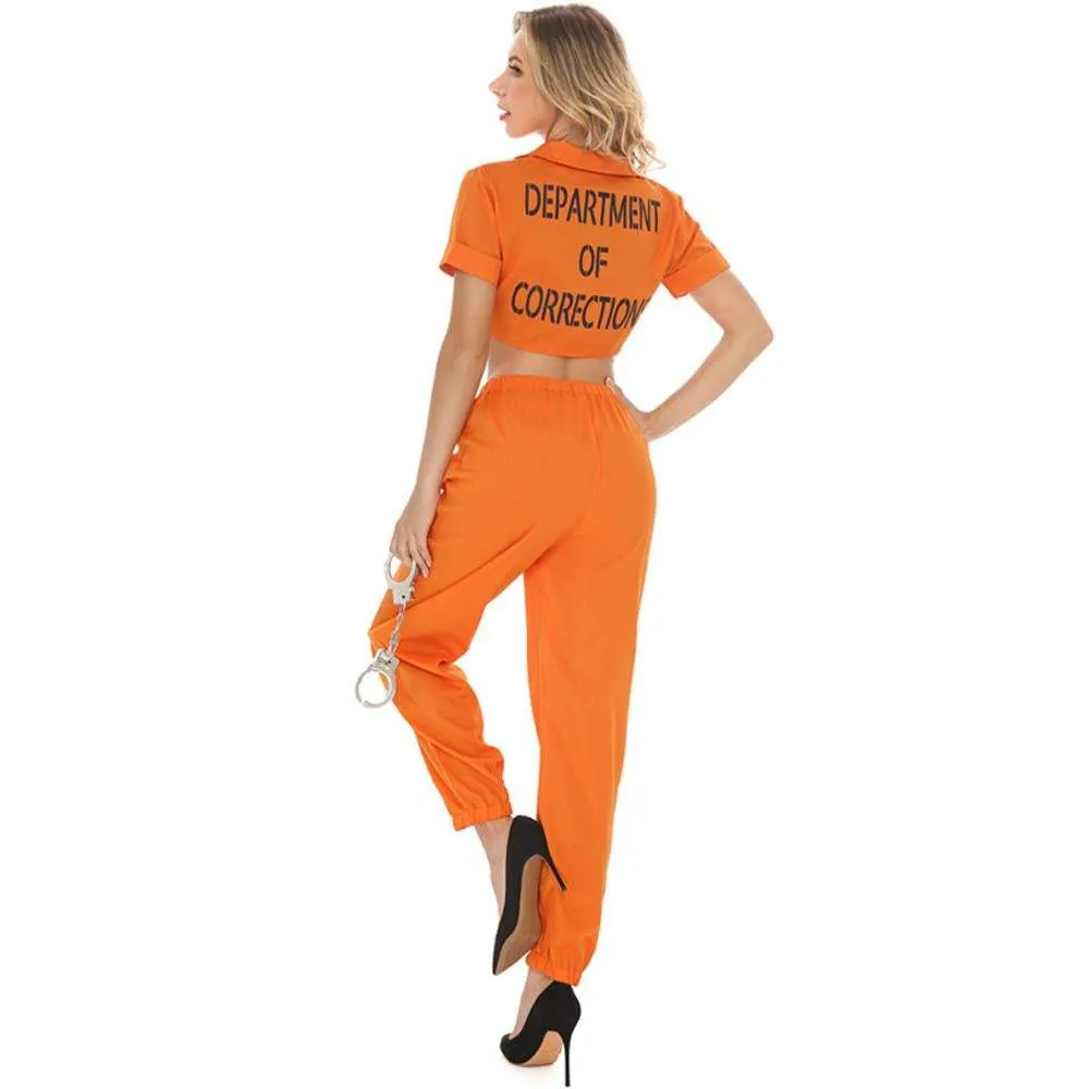 Women Prisoner Costume Halloween Cosplay Jumpsuit Female