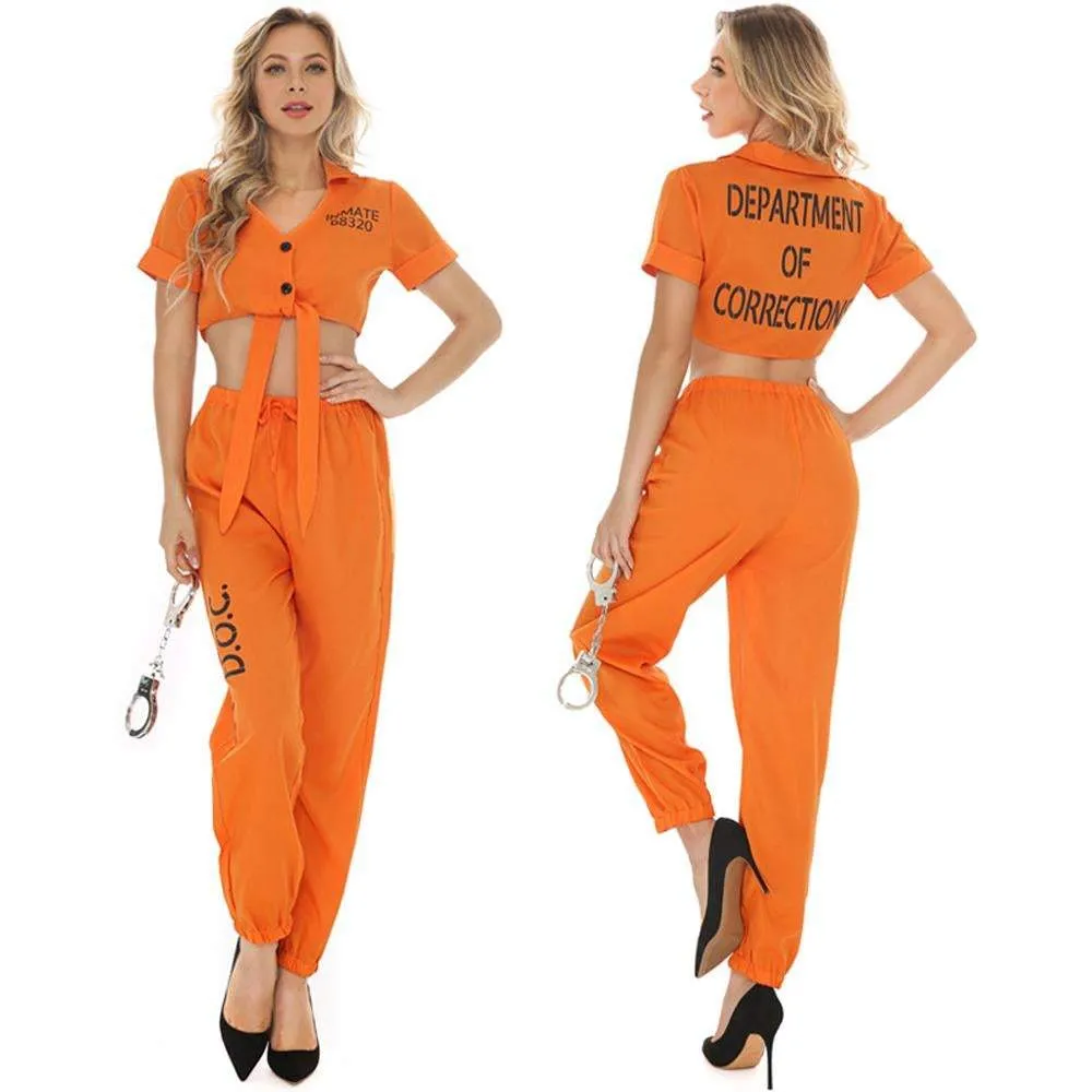 Women Prisoner Costume Halloween Cosplay Jumpsuit Female