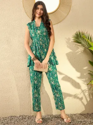 Women Teal Rayon Blend Ikat Printed Co-Ord Sets