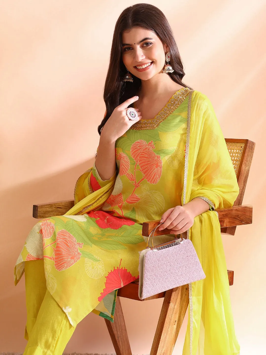 Women Yellow Rayon Blend Floral Printed Straight Kurta Trousers With Dupatta