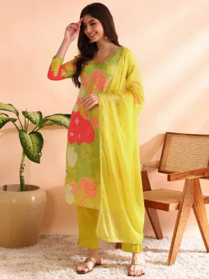 Women Yellow Rayon Blend Floral Printed Straight Kurta Trousers With Dupatta