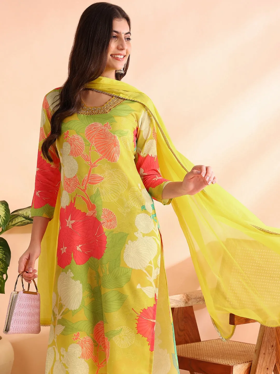 Women Yellow Rayon Blend Floral Printed Straight Kurta Trousers With Dupatta