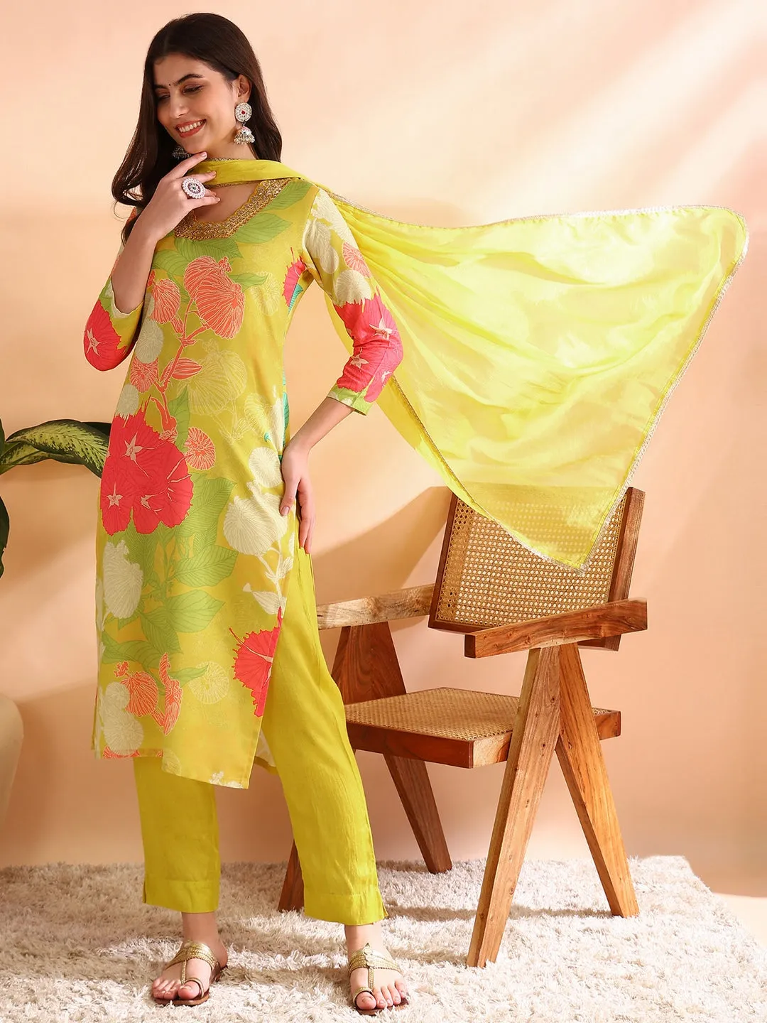 Women Yellow Rayon Blend Floral Printed Straight Kurta Trousers With Dupatta