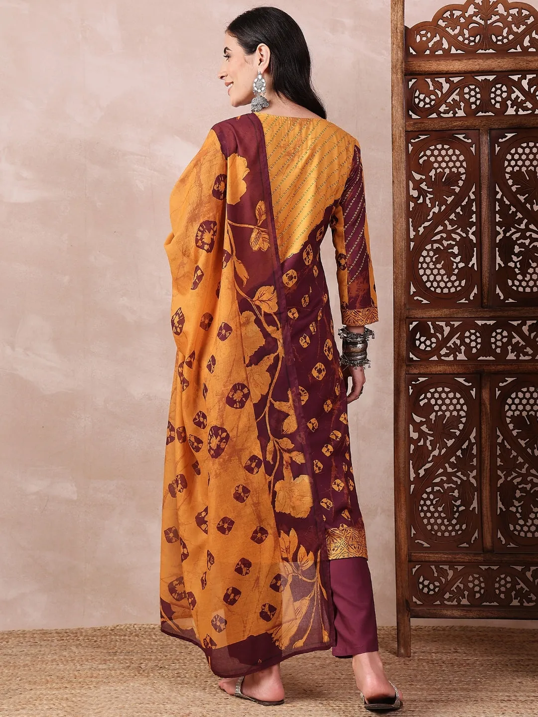 Women Yellow Silk Blend Floral Printed Straight Kurta Trouser With Dupatta