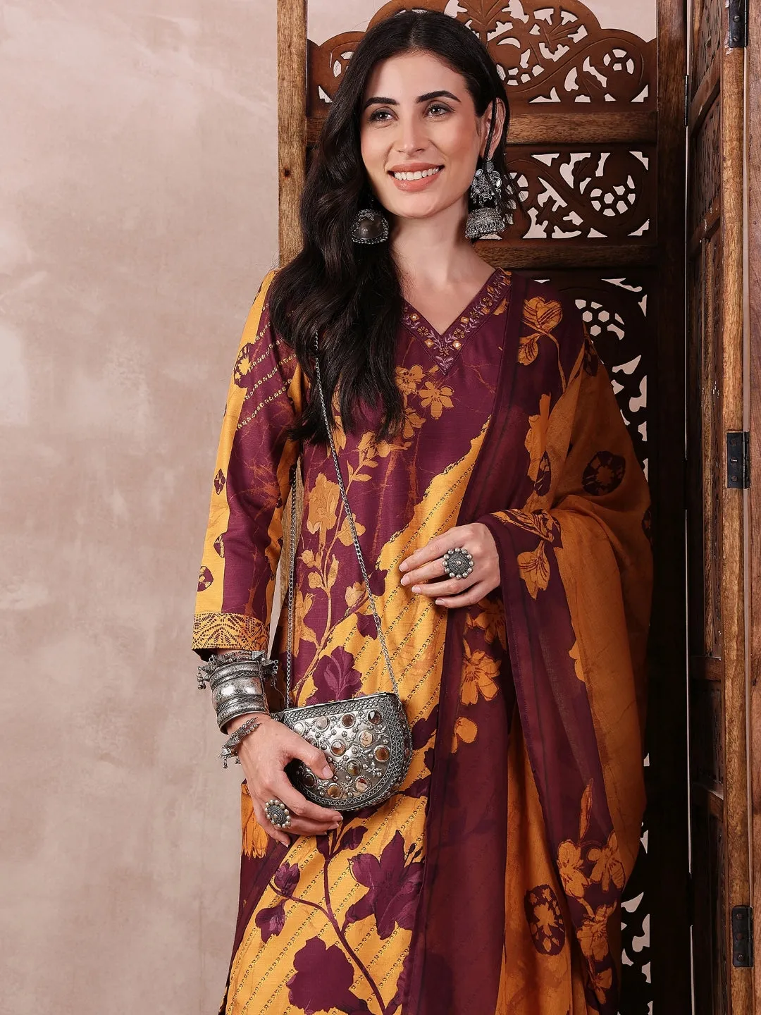 Women Yellow Silk Blend Floral Printed Straight Kurta Trouser With Dupatta