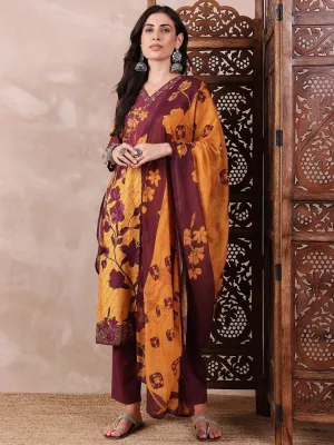 Women Yellow Silk Blend Floral Printed Straight Kurta Trouser With Dupatta